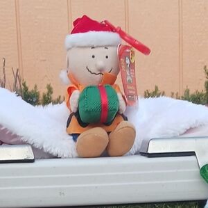 Festive Plush CHARLIE BROWN with Santa Hat and Two Stockings